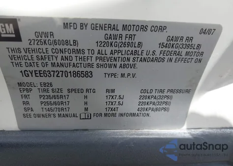 2007 Cadillac Srx V6 from USA, damaged, VIN 1GYEE637270186583